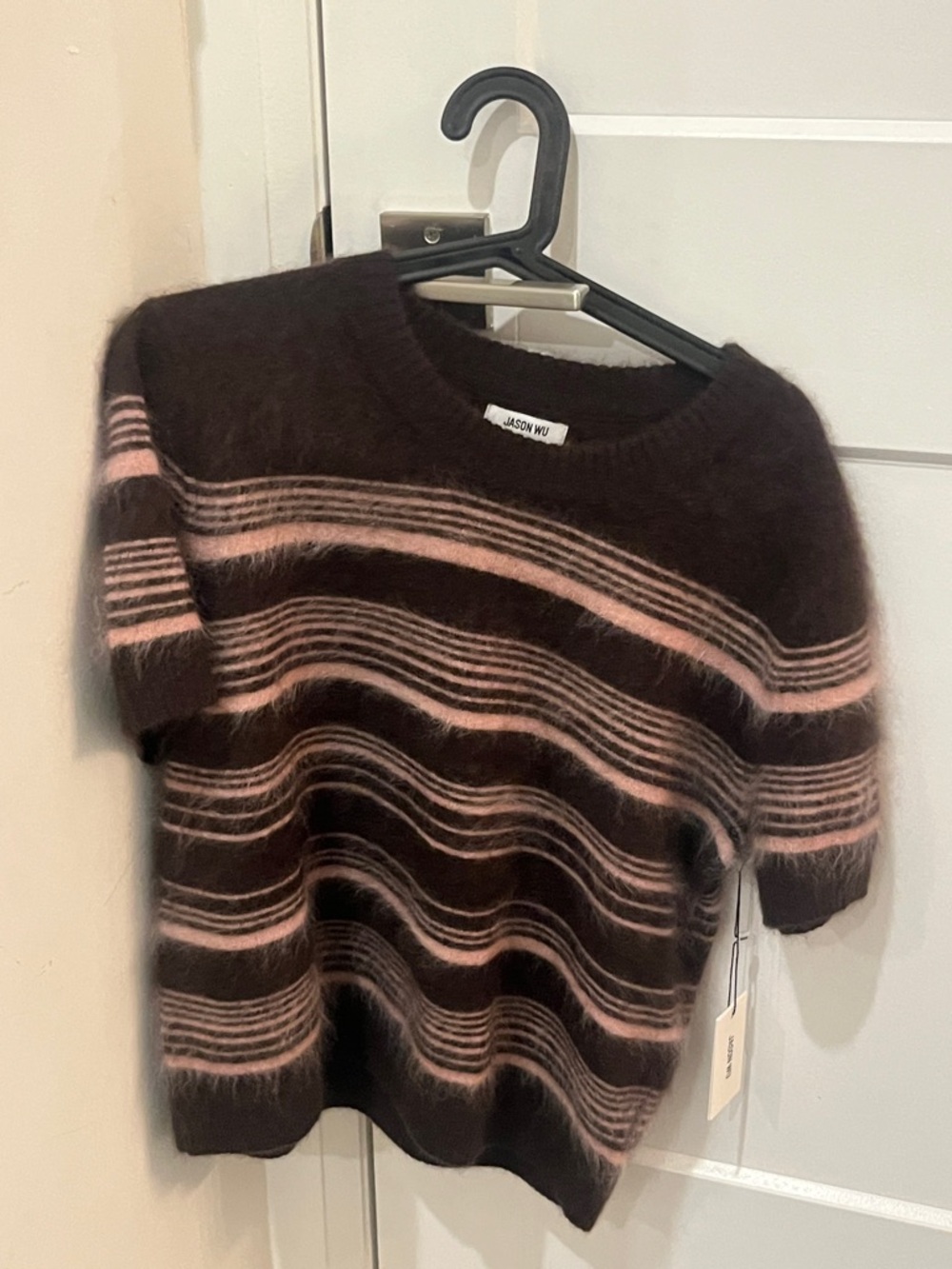 Jason Wu Brushed 100% cashmere Striped Short Sleeve Crewneck Sweater New w tag L